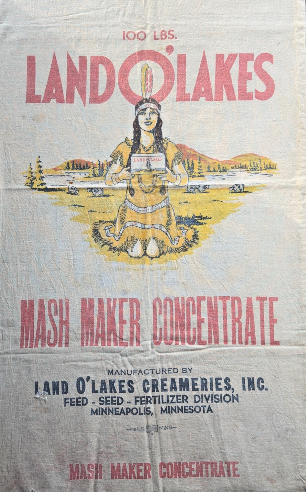 Vintage Land O'Lakes Mash Maker Concentrate bag with illustration of a Native American woman and landscape.
