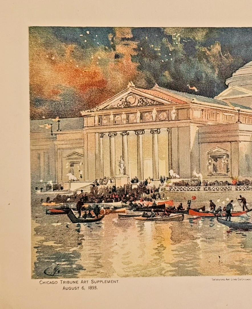 1893 Chicago World's Fair Art Supplement: Art Palace at Night Chromolithograph 8x10
