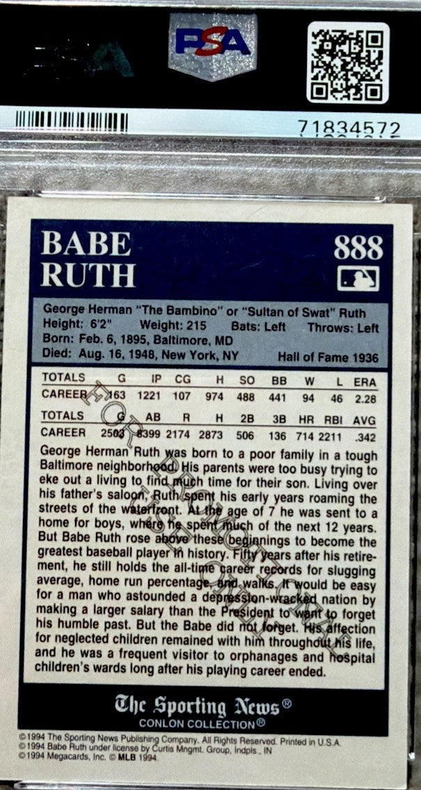 BABE RUTH 1993 BEATING THE ODDS Conlon Collection Prototypes PSA 5