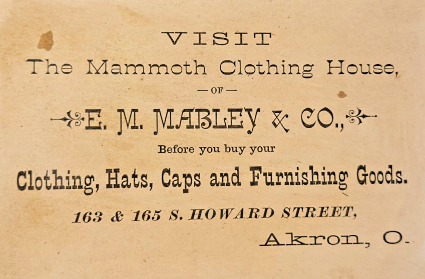 1880 Victorian Trade Card “UNDER COVER” – E.M. Mabley & Co Mammoth Akron, OH ad