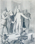 Black and white illustration of a historical scene with people in formal attire.