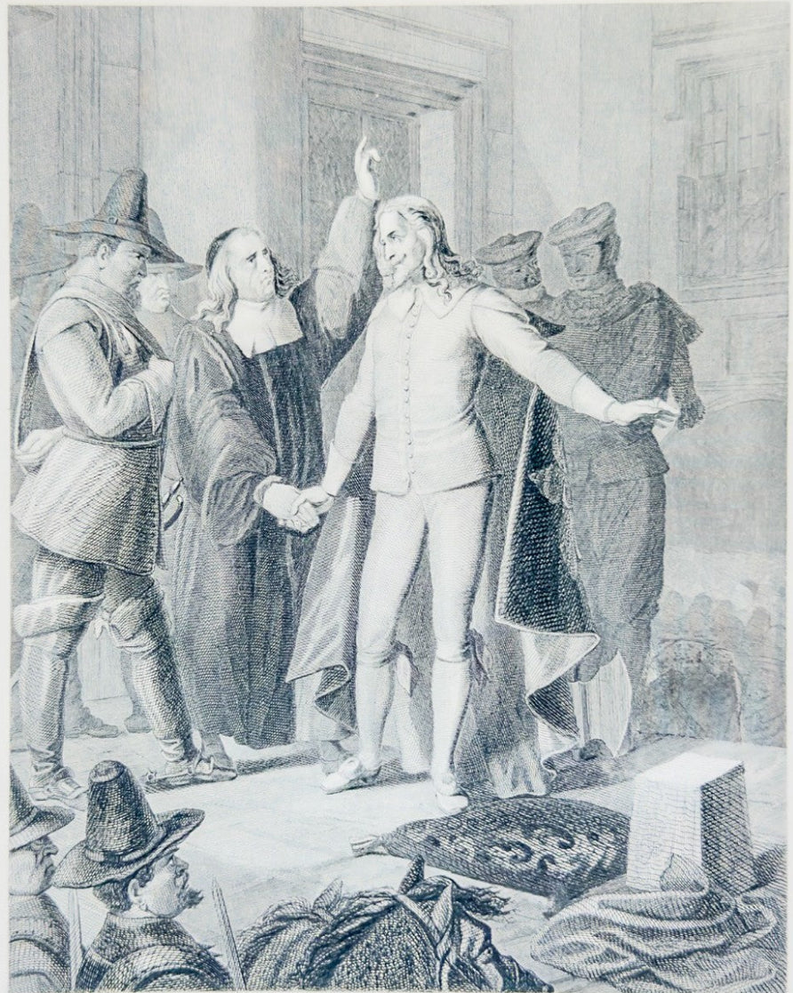 Black and white illustration of a historical scene with people in formal attire.
