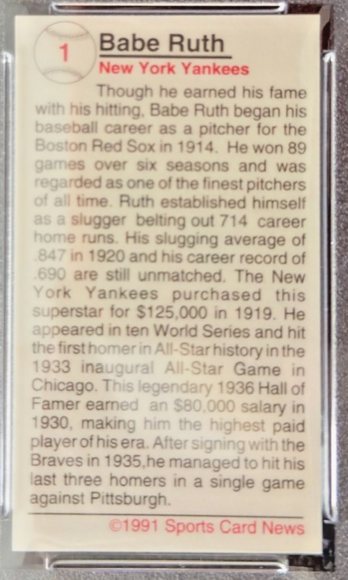 Babe Ruth 1991 Allan Kaye's Sports Cards News Magazine PSA 9