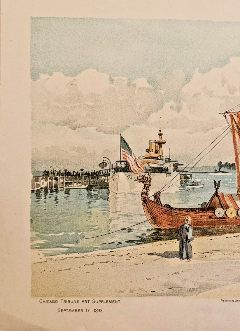 1893 Chicago World’s Fair Art Supplement – 'Viking and Battleship' Chicago Tribune