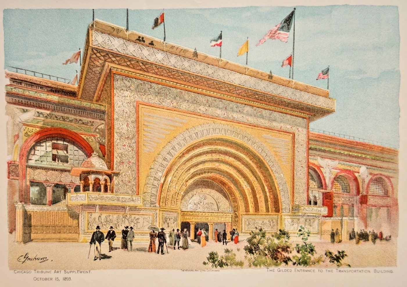1893 Chicago World's Fair Lithograph: Gilded Entrance Transportation Building Art