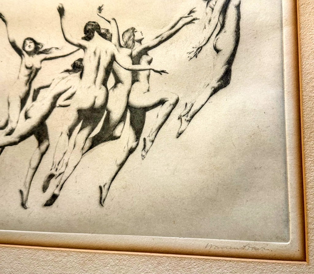 Warren B. Davis Signed Drypoint Etching c.1910 — Dancing Nude Figures — American Symbolist Art
