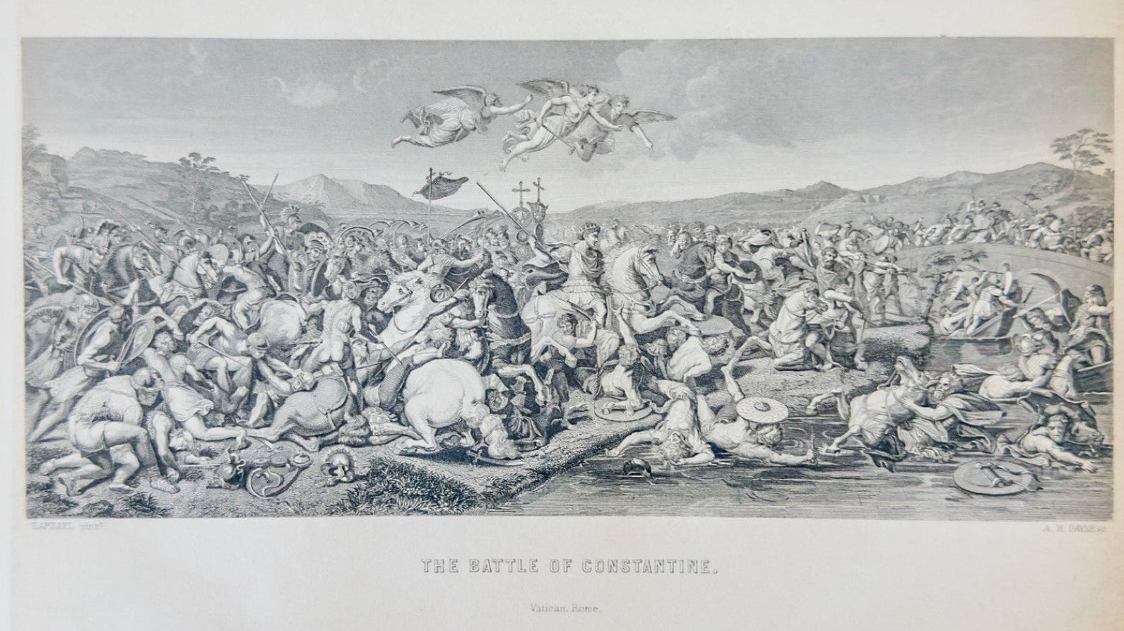 Vintage engraving of a battle scene with soldiers and flags.