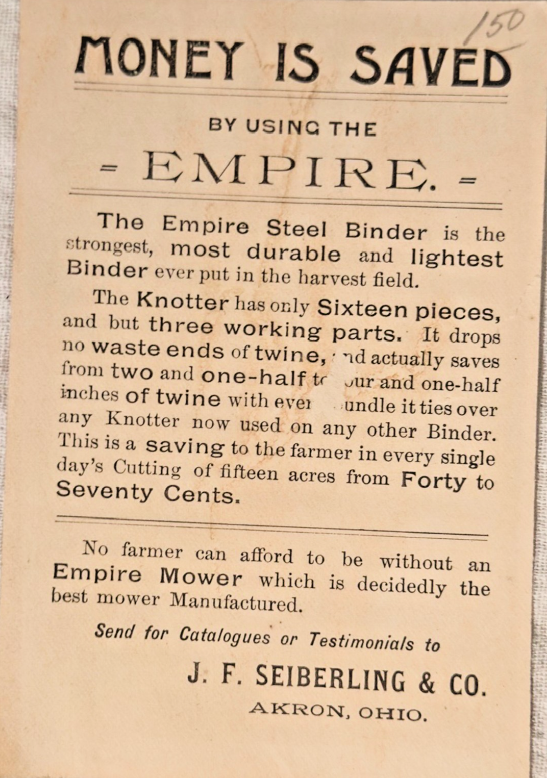 Antique Butterfly Trade Card – J.F. Seiberling & Co Akron OH – Empire Mower Ad