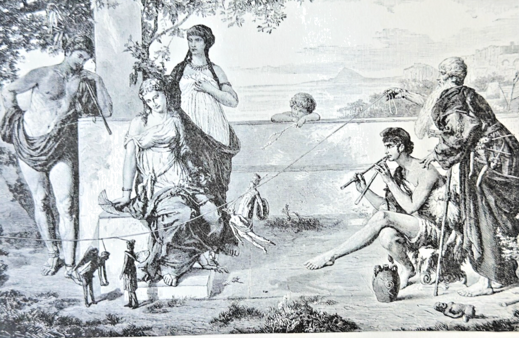 Black and white engraving of classical scene with figures in a natural setting