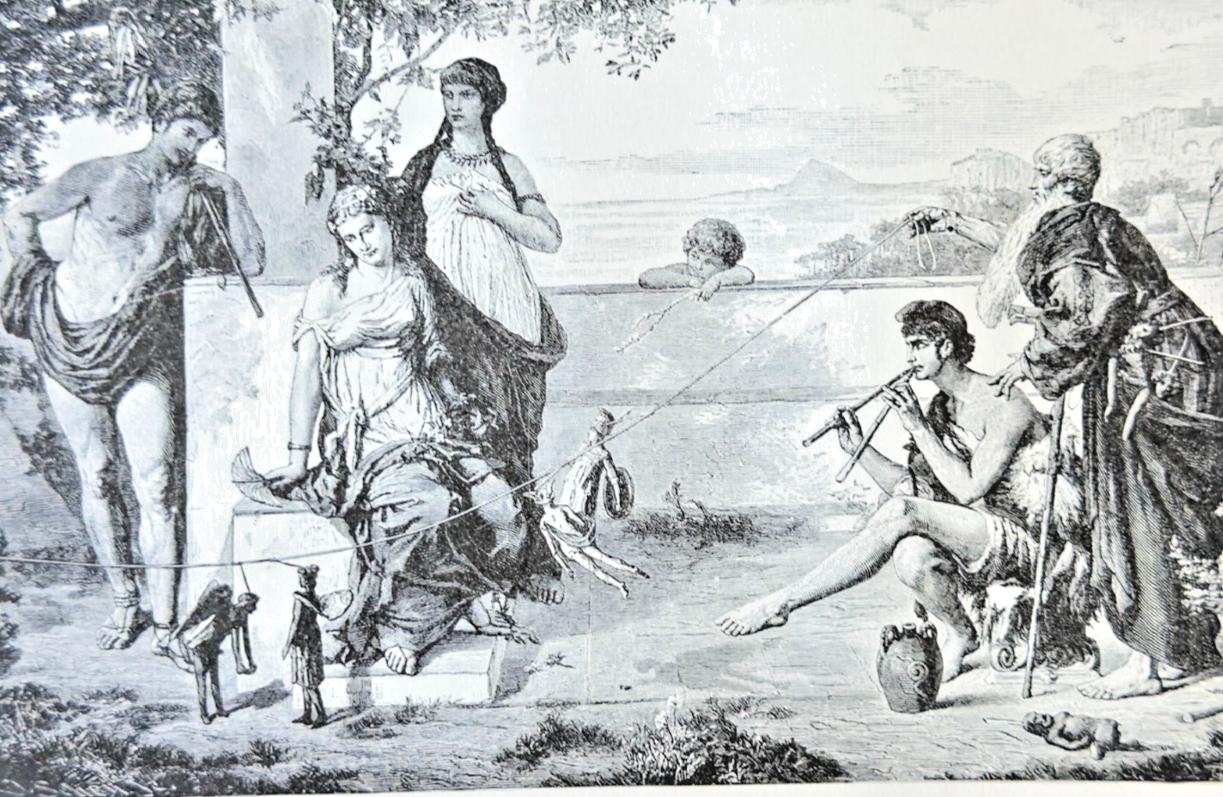 Black and white engraving of classical scene with figures in a natural setting