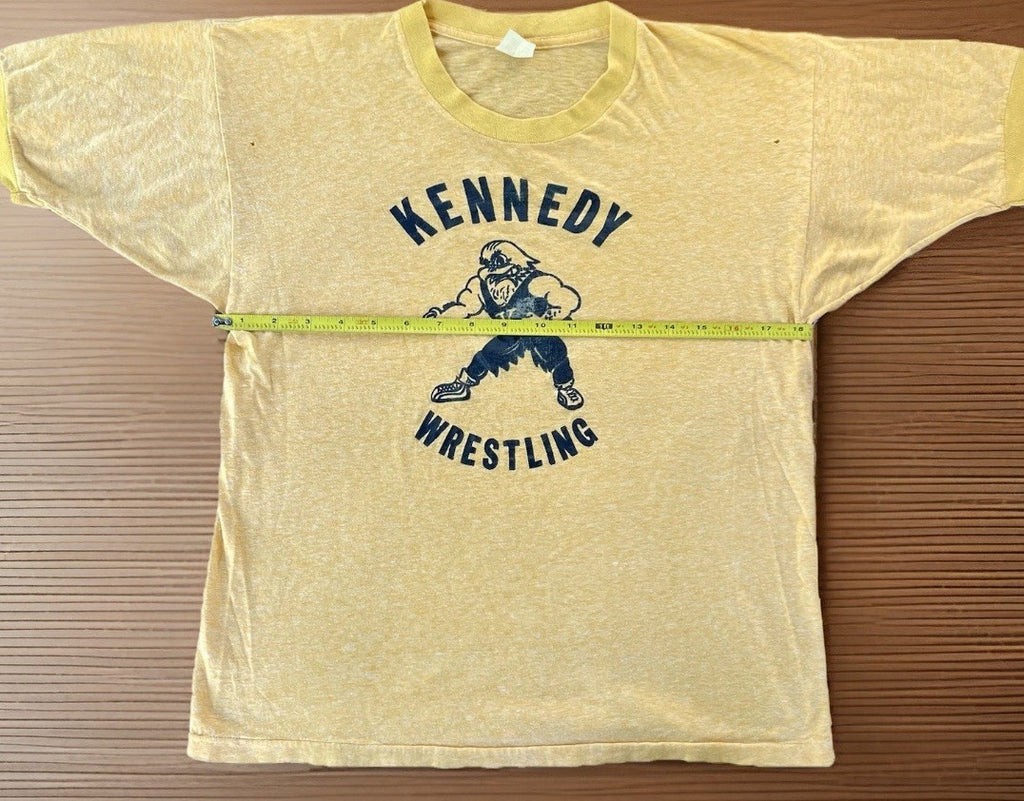 Vintage 1970s Kennedy Wrestling T-Shirt Sun Faded Single Stitch Ringer Tee Large