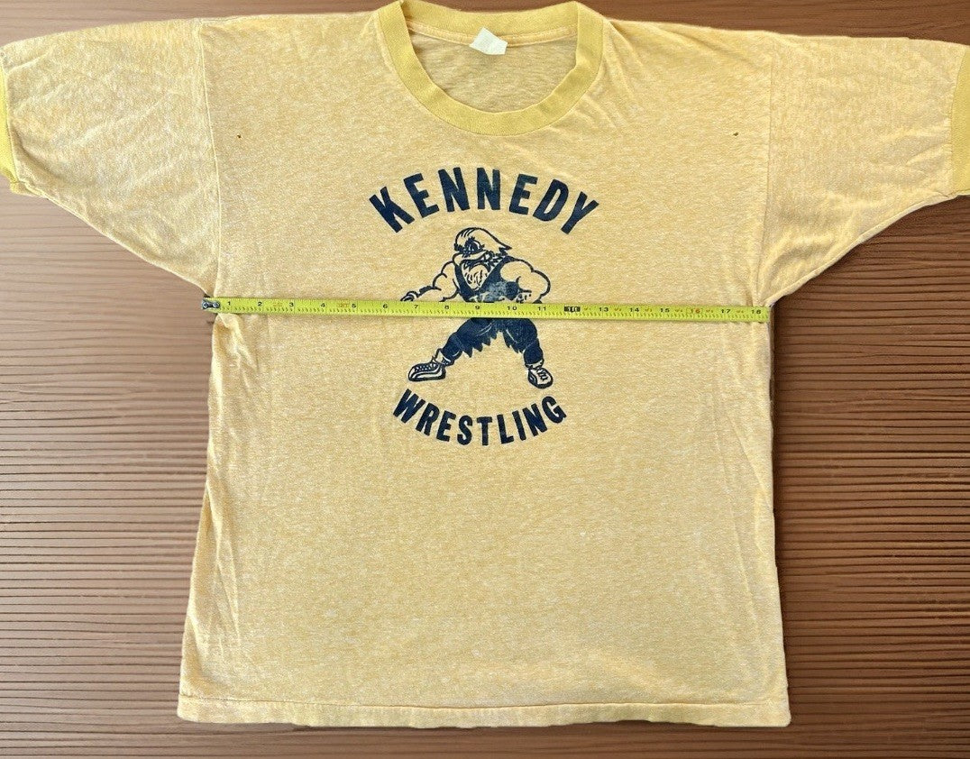 Vintage 1970s Kennedy Wrestling T-Shirt Sun Faded Single Stitch Ringer Tee Large