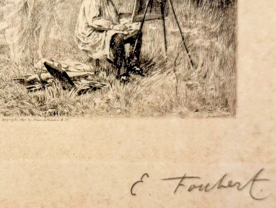 Artistic depiction of a person sitting outdoors with a horse, signed 'E. Fouquet'.