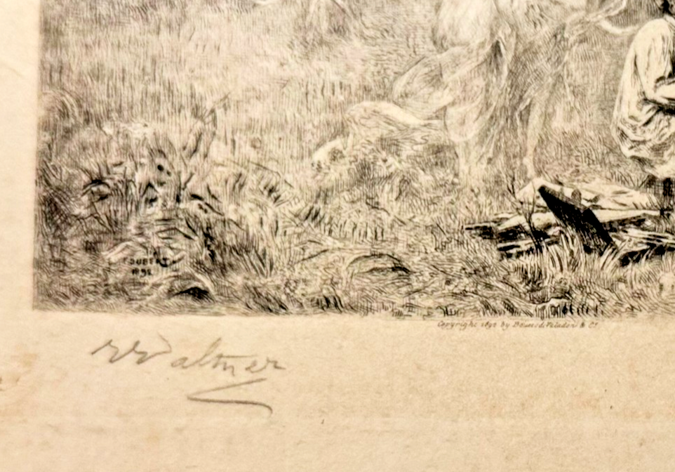 Vintage etching of a landscape with a signature at the bottom