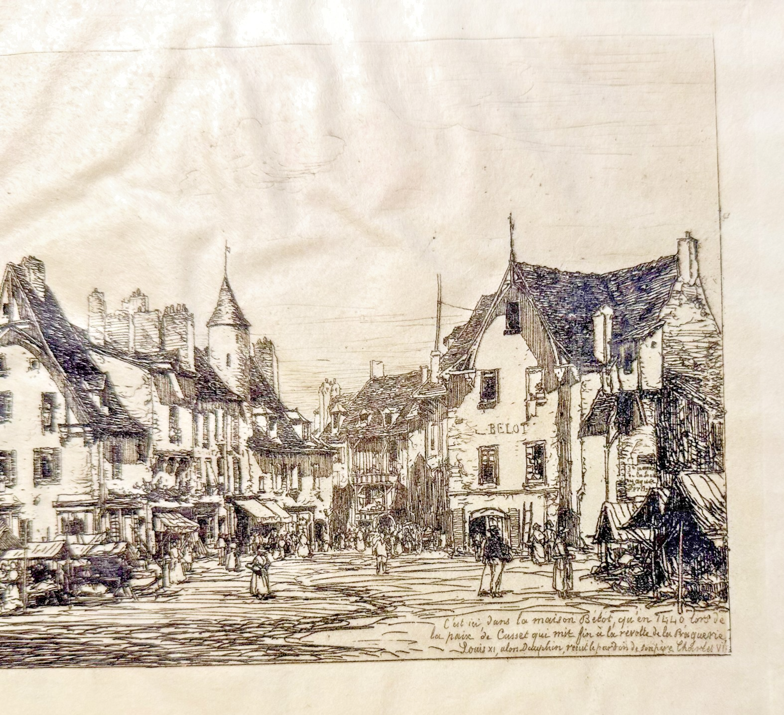 Vintage black and white drawing of a town street scene with buildings and people.