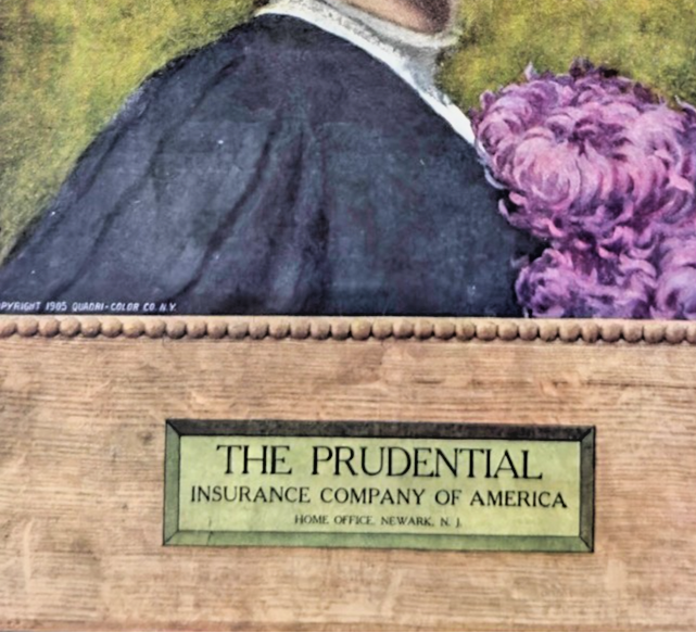 Vintage calendar with a portrait of a woman and purple flowers, featuring the Prudential Insurance Company of America.