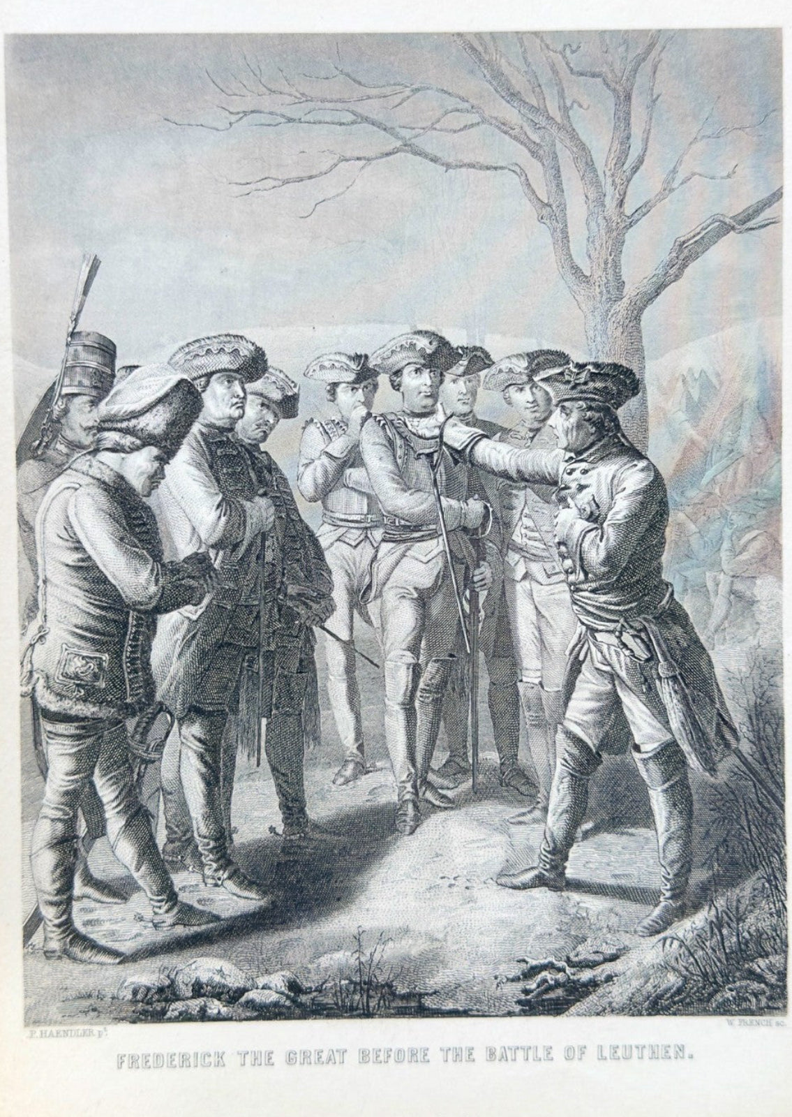 Vintage illustration of a historical scene with figures in a forest setting.