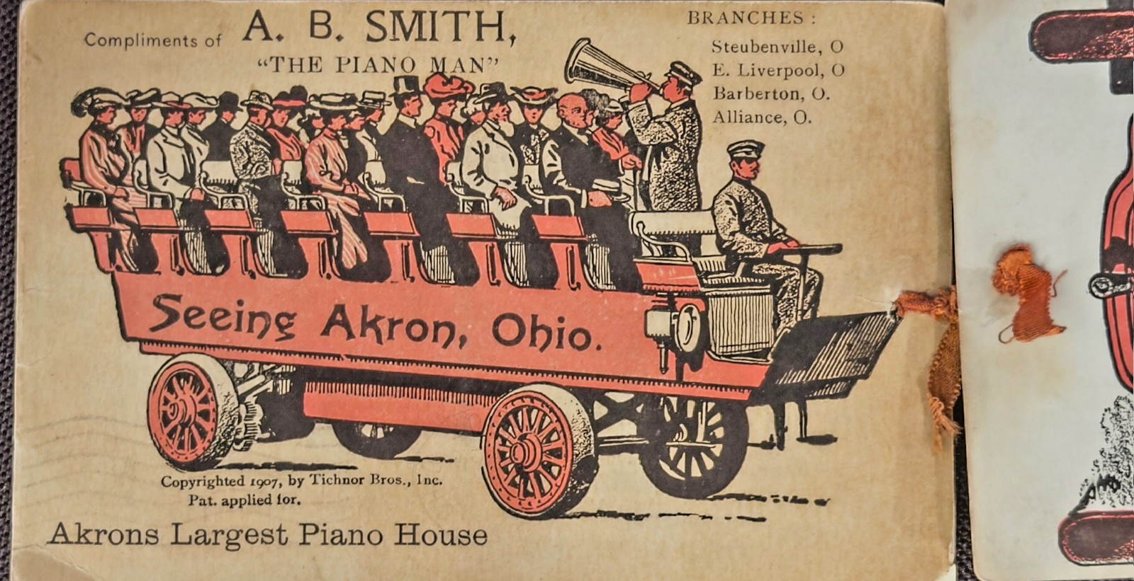 1907 Seeing Akron Ohio Mechanical Pull-Tab Postcard Ribbon Tichnor A.B. Smith