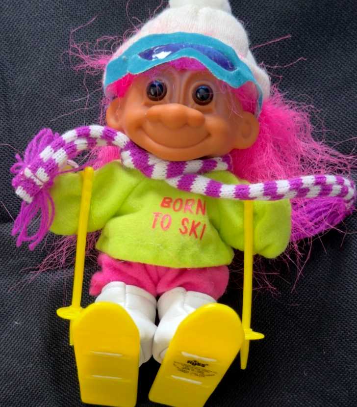 Vintage Russ Troll Doll – Born to Ski – Pink Hair – 1980s/1990s