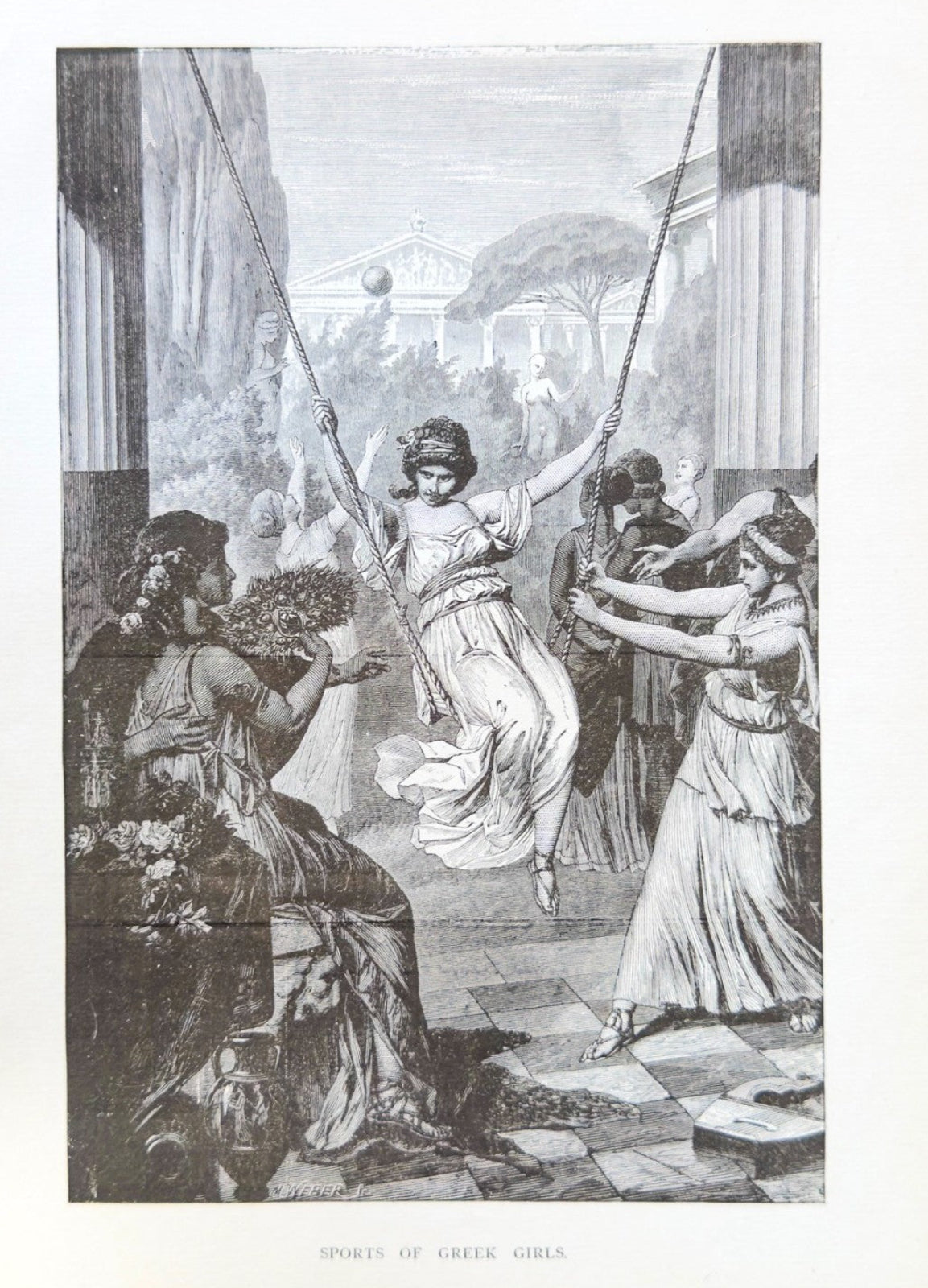 Vintage illustration of a scene with people around a central figure holding a weapon, set against a classical architecture background.
