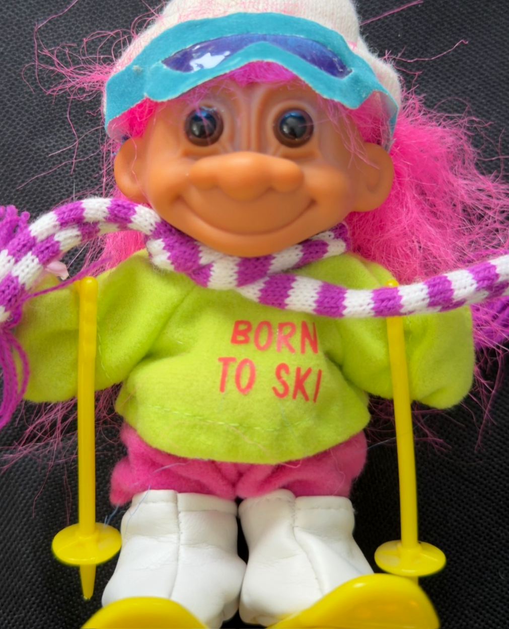 Vintage Russ Troll Doll – Born to Ski – Pink Hair – 1980s/1990s