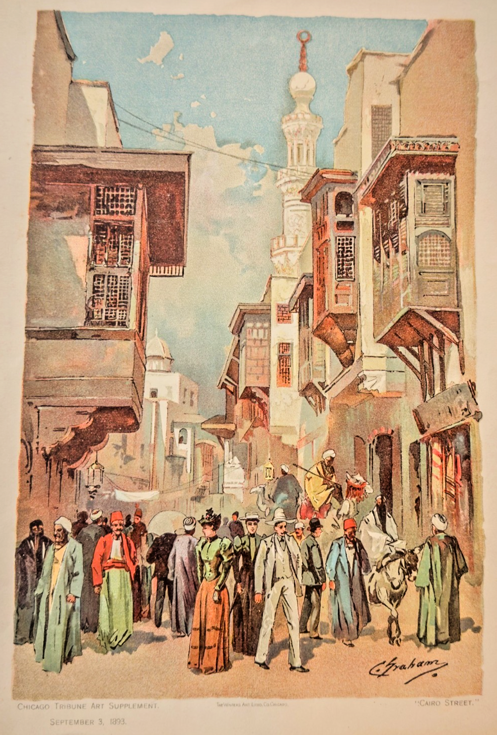 1893 Chicago World's Fair Art Supplement: Cairo Street Midway Plaisance Lithograph 8x10