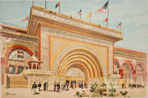 1893 Chicago World's Fair Lithograph: Gilded Entrance Transportation Building Art