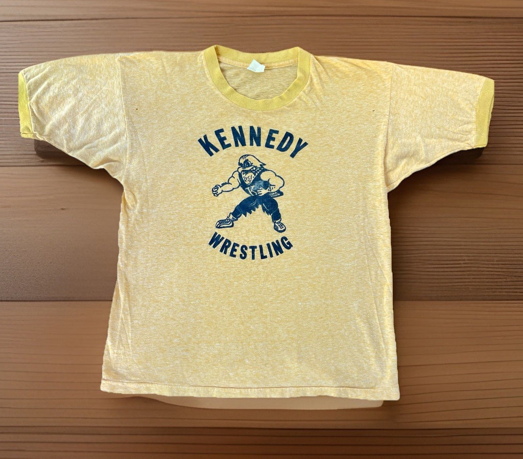 Vintage 1970s Kennedy Wrestling T-Shirt Sun Faded Single Stitch Ringer Tee Large