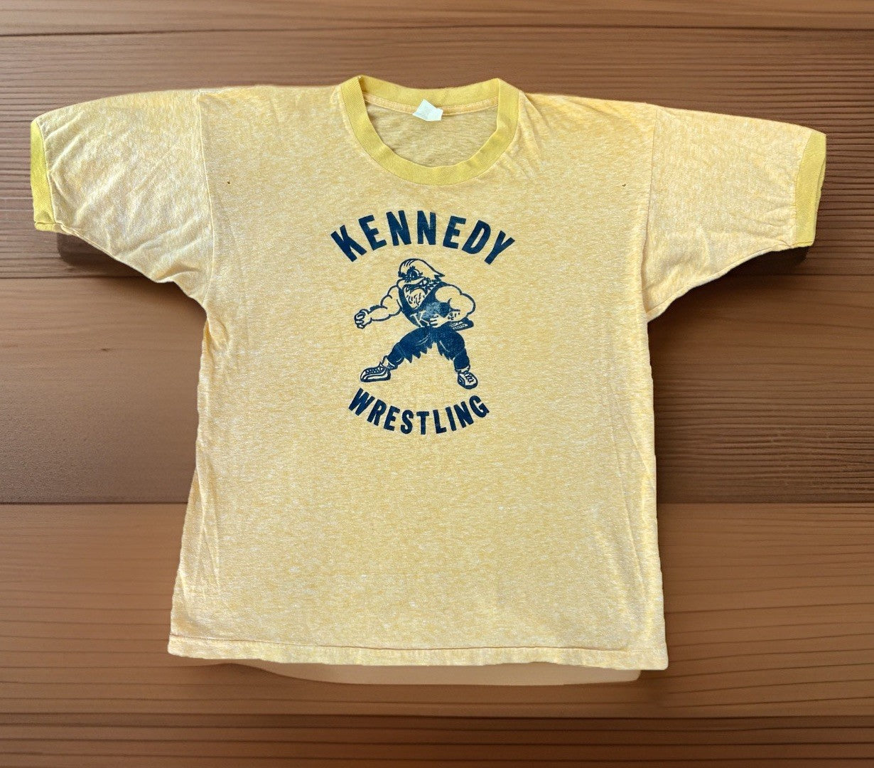 Vintage 1970s Kennedy Wrestling T-Shirt Sun Faded Single Stitch Ringer Tee Large