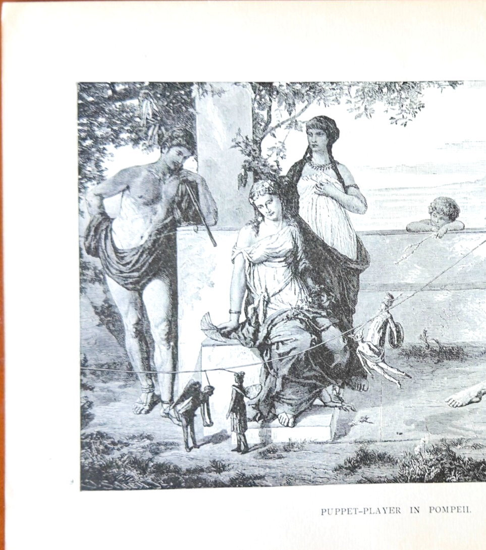 Black and white illustration of a puppet player in Pompeii