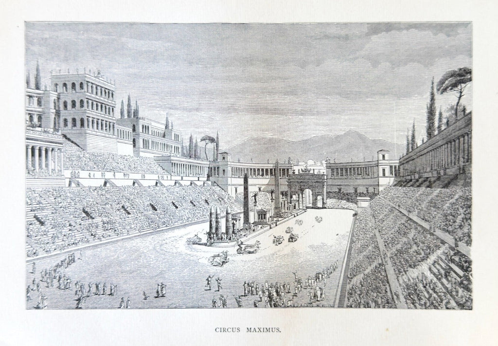 Engraving of the Circus Maximus with classical architecture and people.