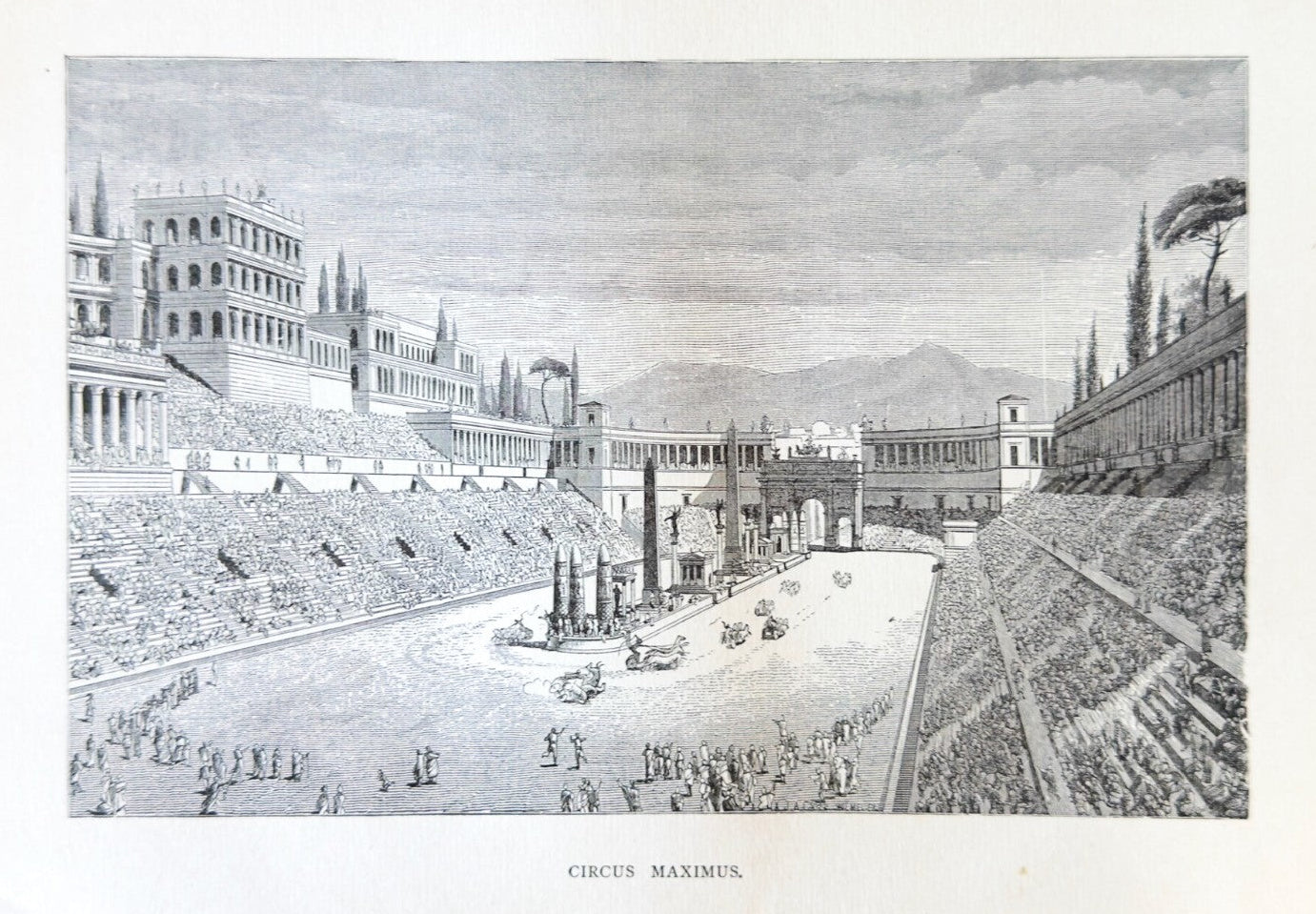 Engraving of the Circus Maximus with classical architecture and people.