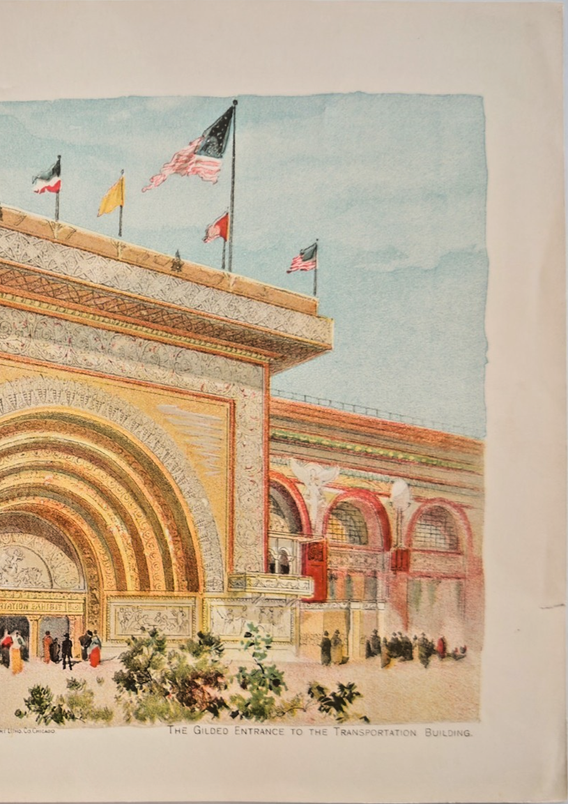 1893 Chicago World's Fair Lithograph: Gilded Entrance Transportation Building Art