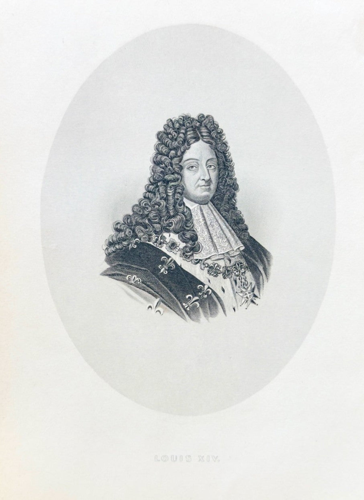 Vintage portrait engraving of a man with powdered hair and a coat of arms, framed in a wooden frame.