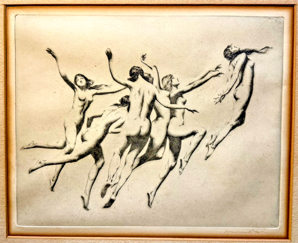 Warren B. Davis Signed Drypoint Etching c.1910 — Dancing Nude Figures — American Symbolist Art