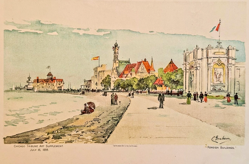 1893 Chicago World's Fair Foreign Buildings: Chicago Tribune Art Supplement Lithograph