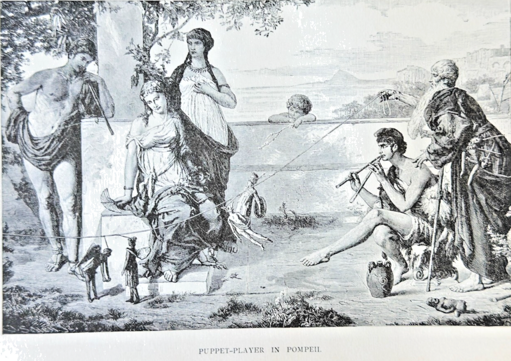 Engraving of a puppet player in Pompeii with classical figures and landscape.