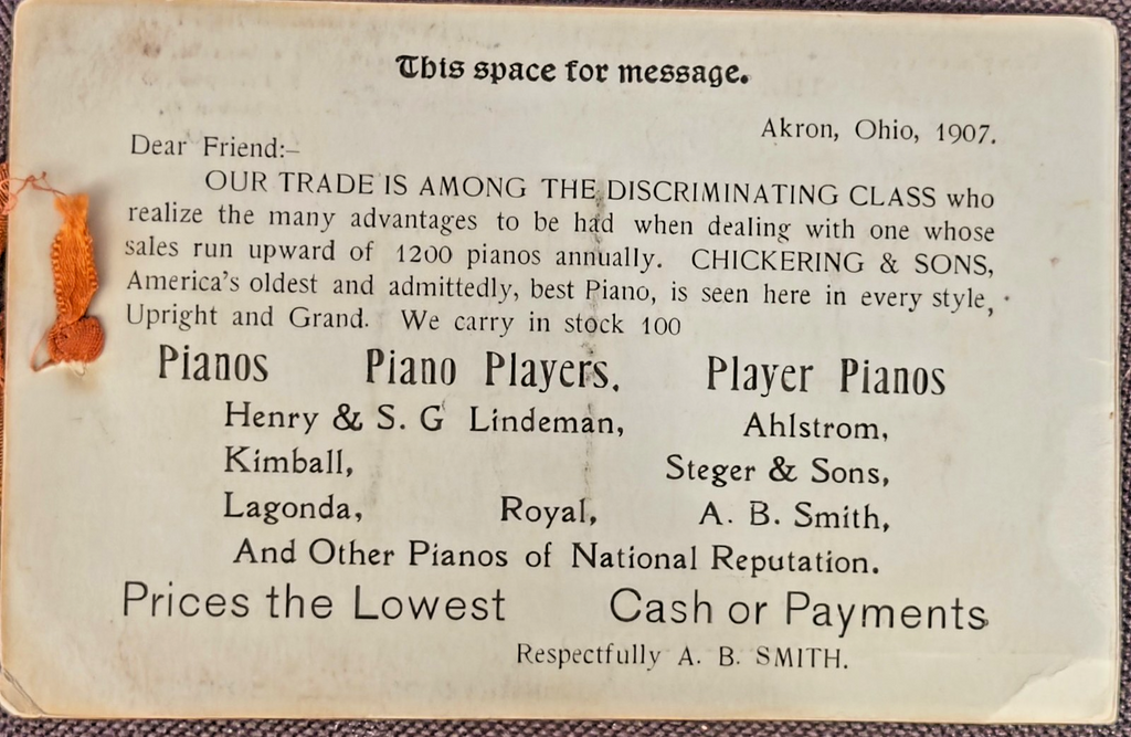 1907 Seeing Akron Ohio Mechanical Pull-Tab Postcard Ribbon Tichnor A.B. Smith