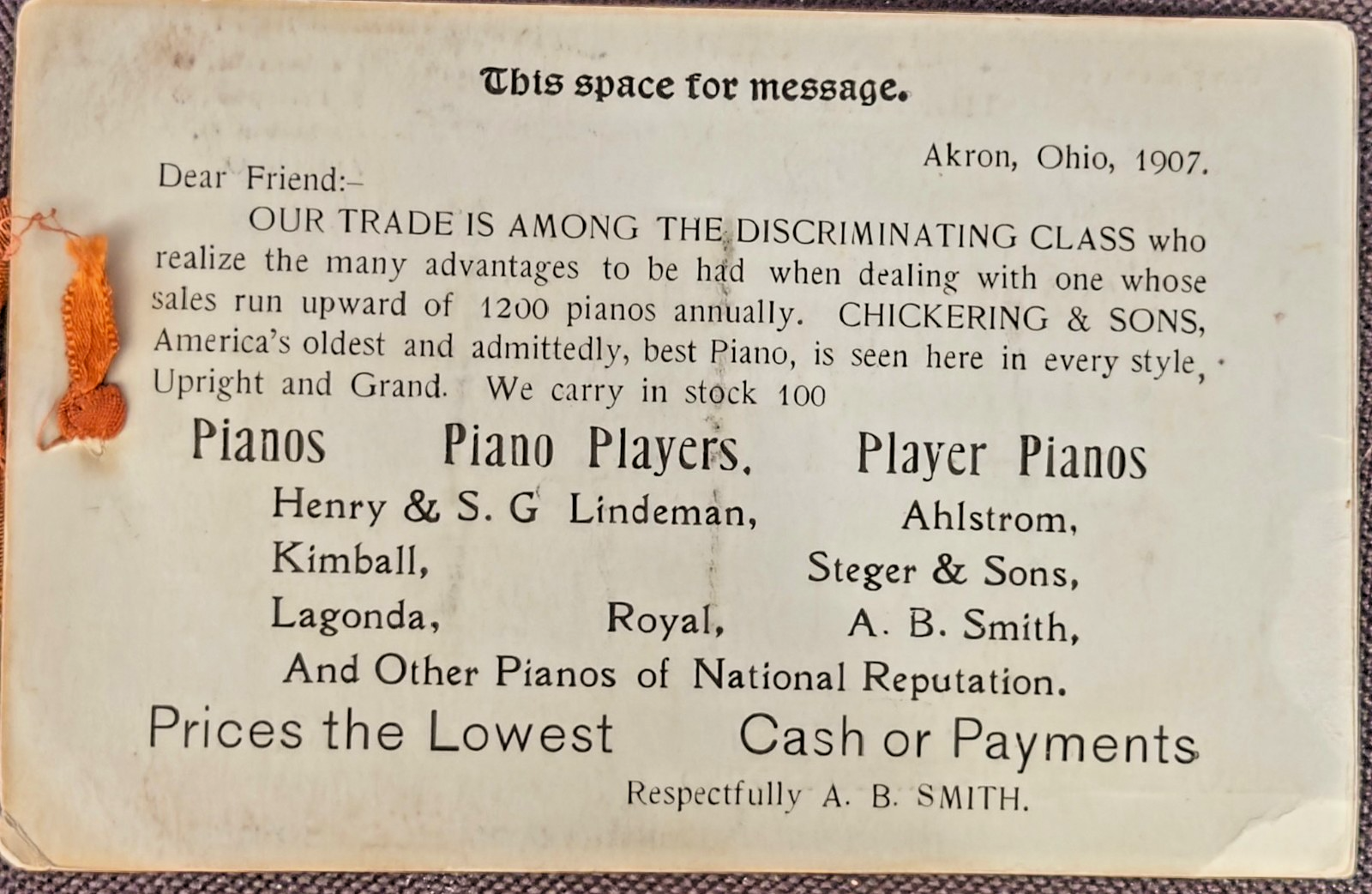 1907 Seeing Akron Ohio Mechanical Pull-Tab Postcard Ribbon Tichnor A.B. Smith