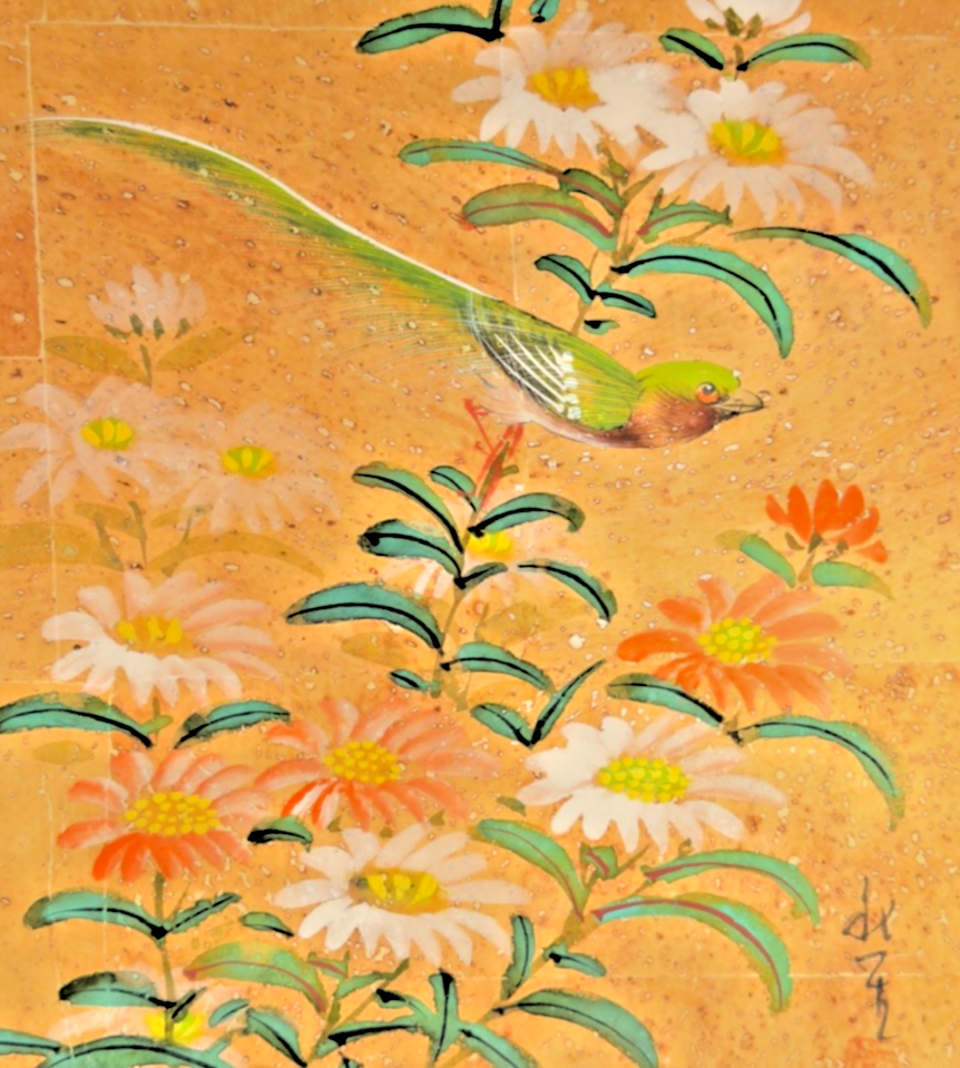 Original Japanese Kachō-ga Painting — Bird & Chrysanthemums — Signed Mizudori 水鳥