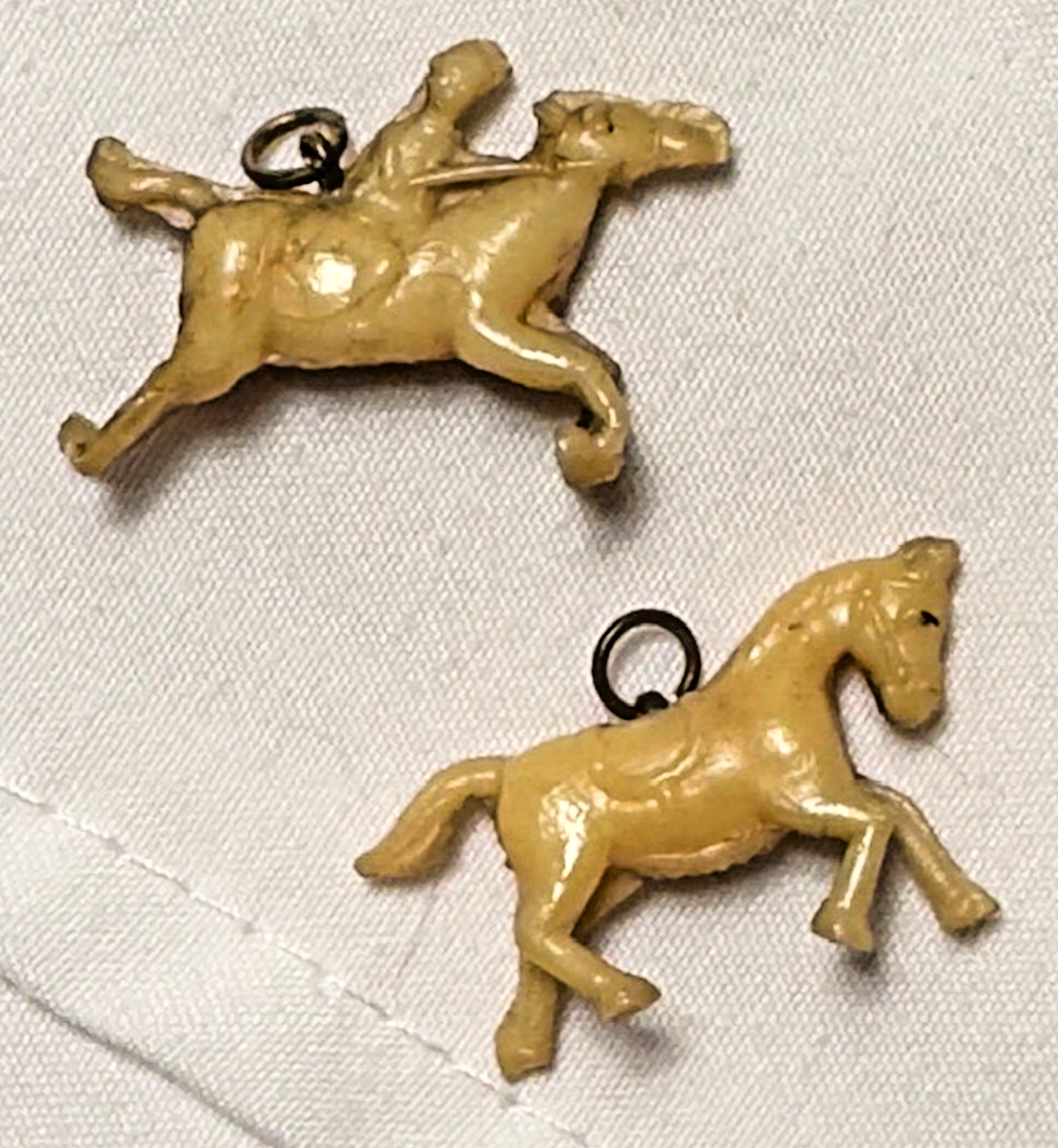 Vintage Cracker Jack Horse Charms (2) • Celluloid Figural Prize Toys • 1930s–40s