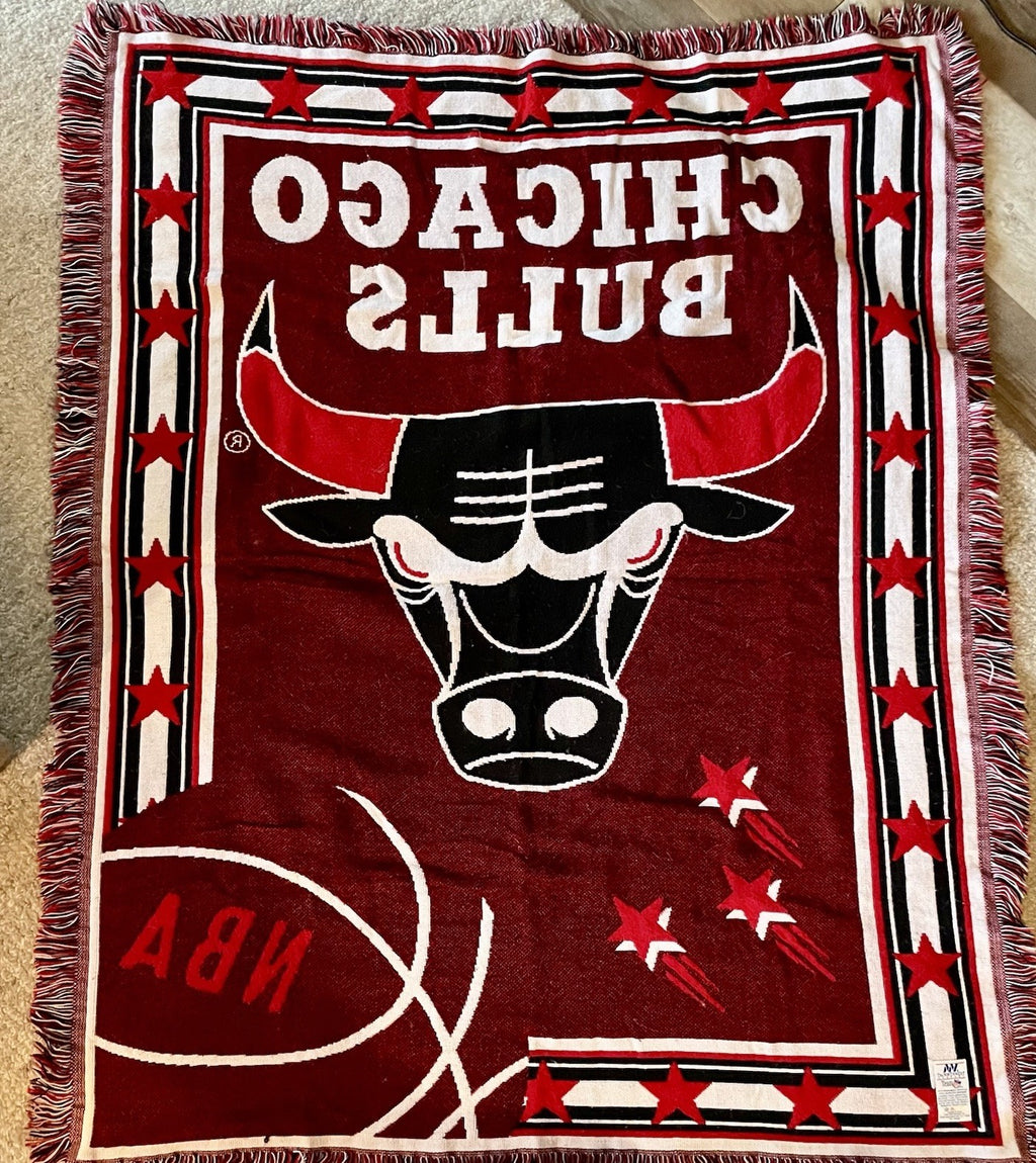 Vintage 1990s Chicago Bulls NBA Woven Throw Blanket Tapestry