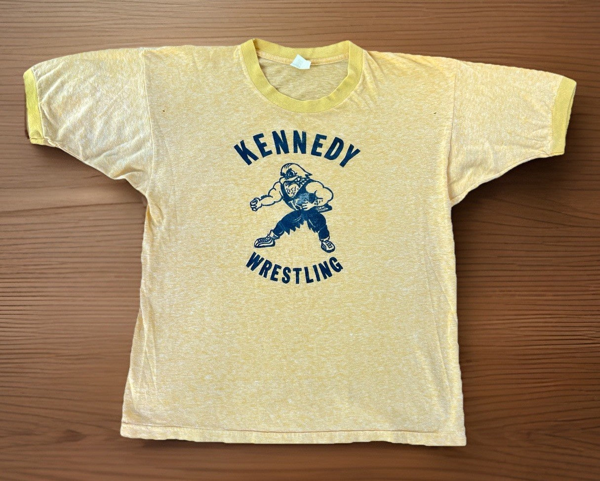 Vintage 1970s Kennedy Wrestling T-Shirt Sun Faded Single Stitch Ringer Tee Large
