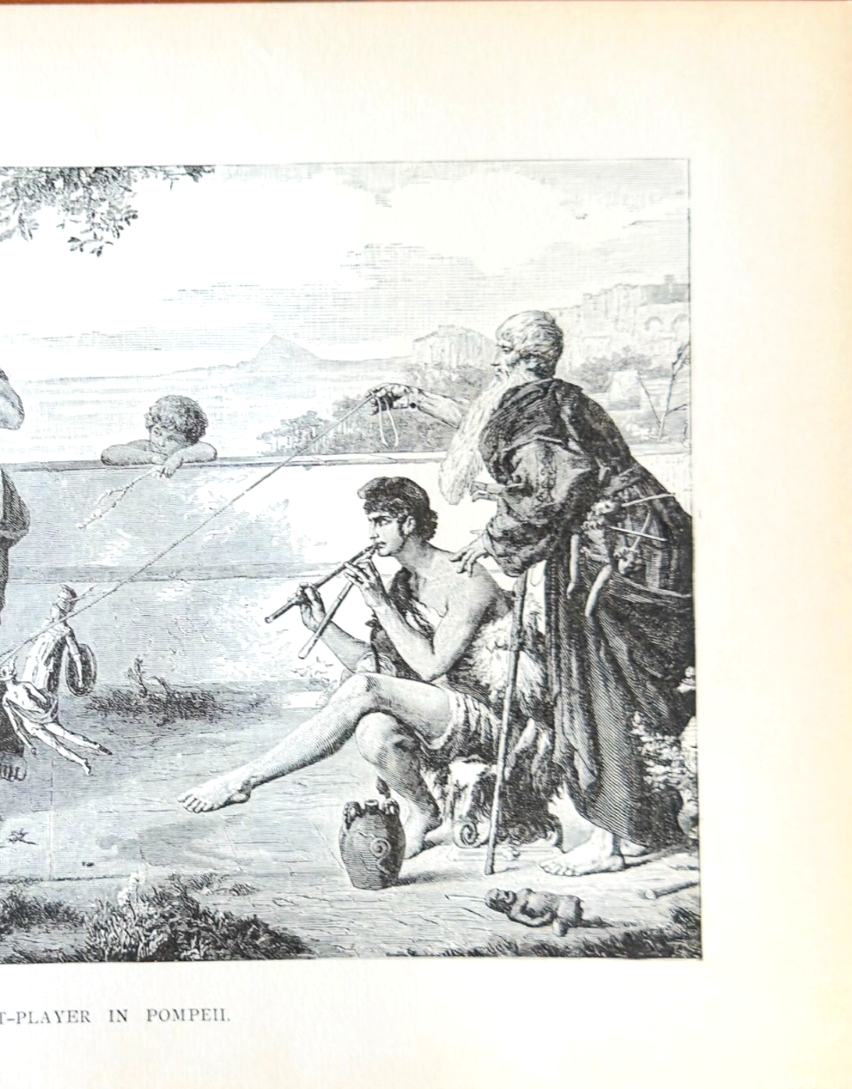 Vintage engraving of a flute player in Pompeii