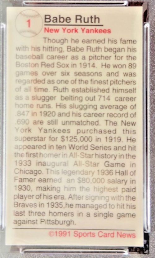 1991 Allan Kaye’s Babe Ruth Sports Cards News Magazine #1 PSA 9 Mint – Rare Insert Card