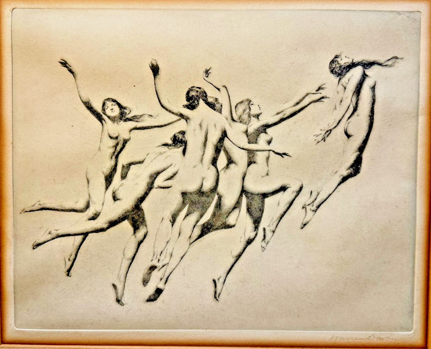 Warren B. Davis Signed Drypoint Etching c.1910 — Dancing Nude Figures — American Symbolist Art