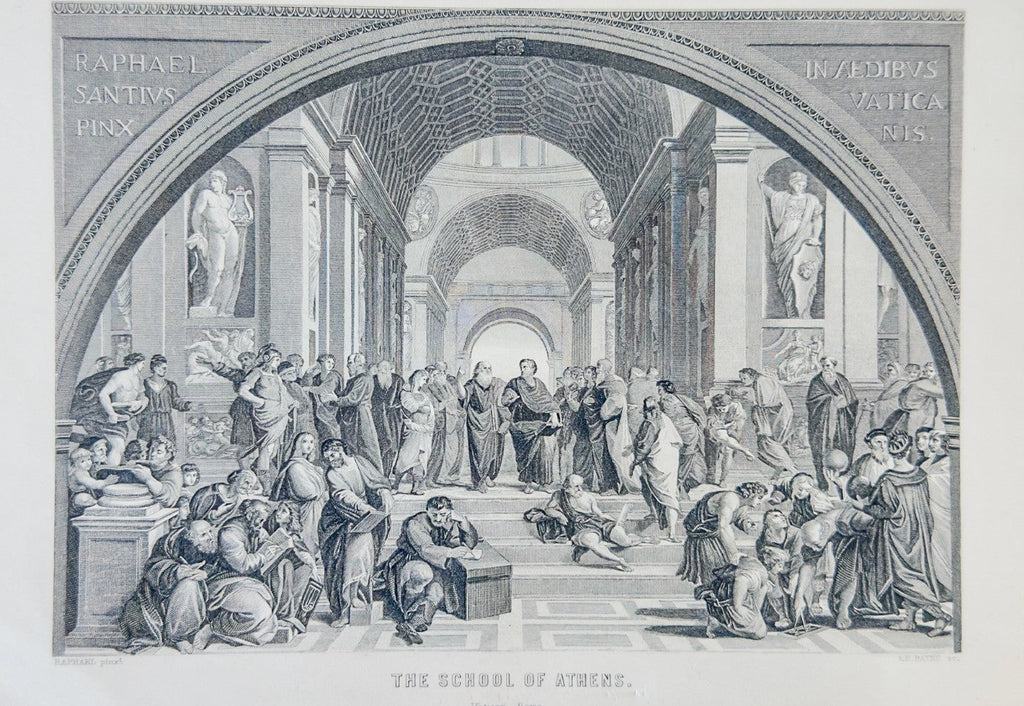 Engraving of 'The School of Athens' by Raphael, showing classical architecture and figures.