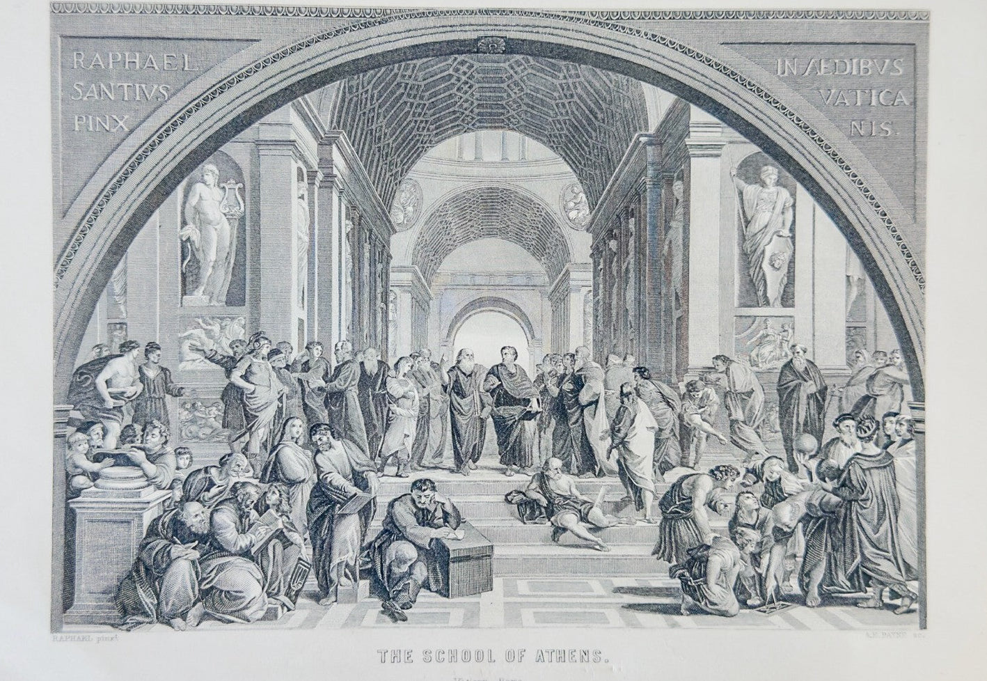 Engraving of 'The School of Athens' by Raphael, showing classical architecture and figures.