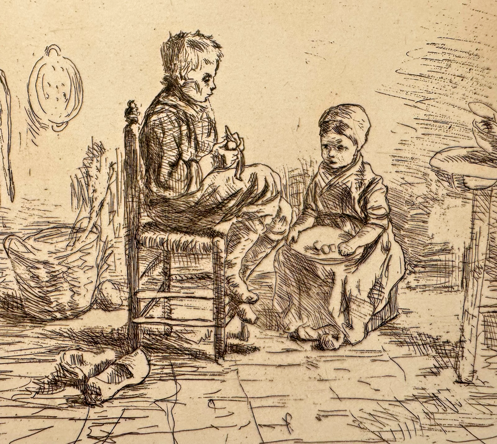 Jozef Israëls (1824–1911) Original Etching – Hague School Interior with Children