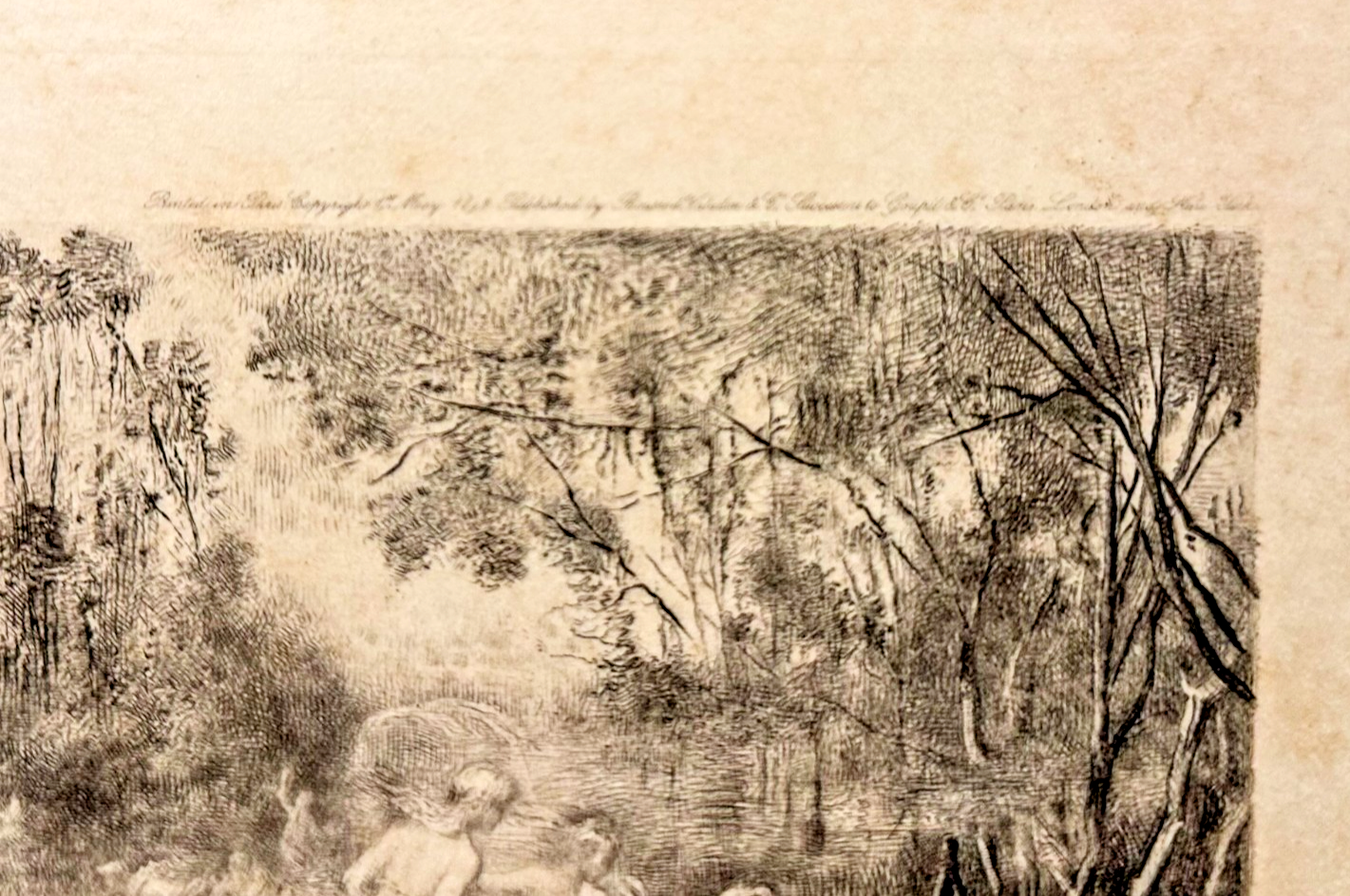 Vintage etching of a landscape with trees and figures, on a textured beige background.